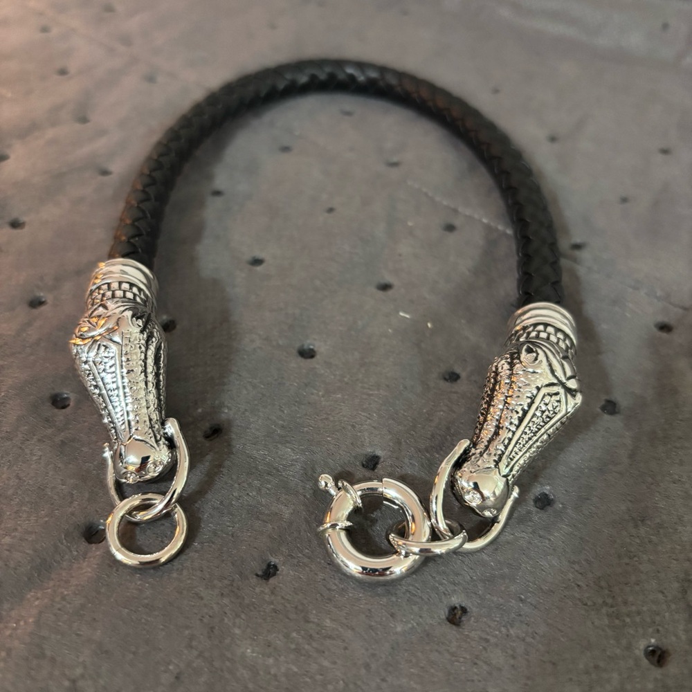 Black Braided Leather Necklace with Silver Accents